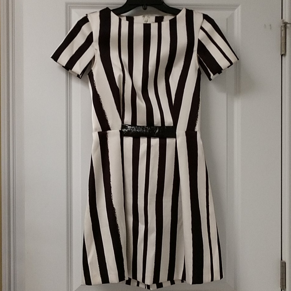 Topshop Dress Faux Leather Detail Split Short Sleeve Black White Stripe sz Small - Picture 1 of 12